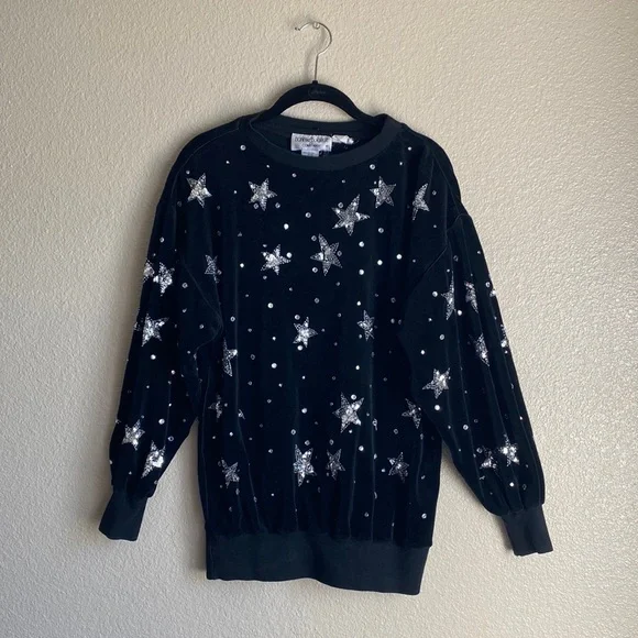 80s Vintage Bonnie Boerer Black Silver Sequin Star-Patterned Velour Sweatshirt S - Picture 4 of 9